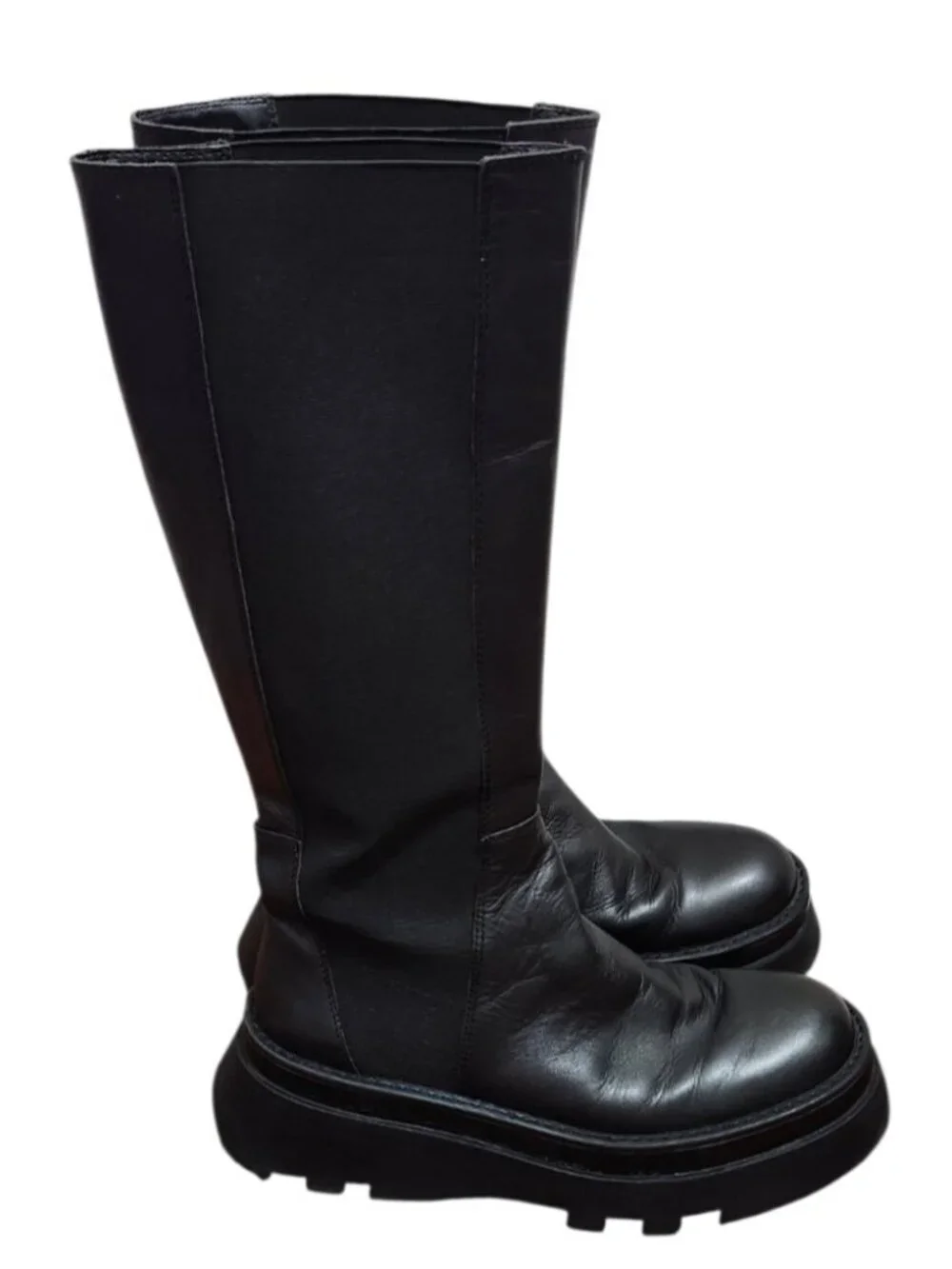 ZARA Black Leather Knee High Boots Chunky Platform Lug Sole Pull On Women Sze 41